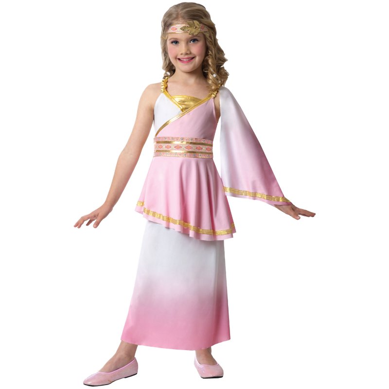 Girls 4-6 Roman Goddess Costume featuring a flowing white dress with gold accents and a detailed headband for imaginative play.