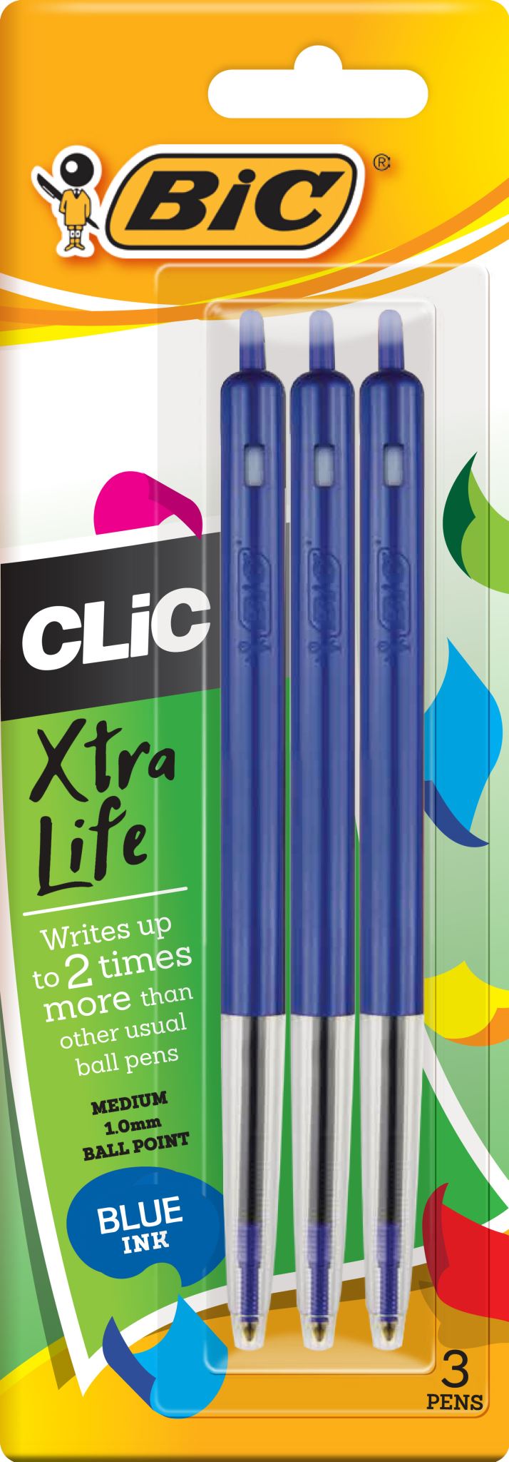 BIC Clic Blue Medium Ballpoint Pens (Pack of 3)