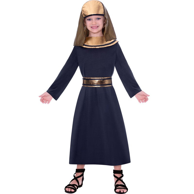 Egyptian Pharaoh Boy Costume for ages 6-8, featuring dress, collar, belt, and headpiece with golden details.