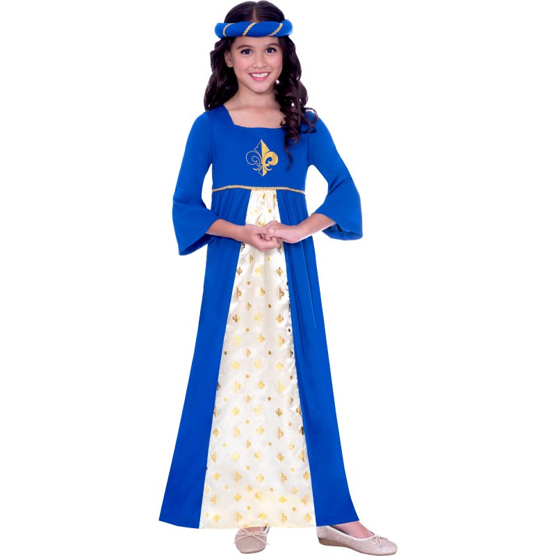Enchanting blue Tudor princess costume for girls ages 6-8, complete with matching headpiece for royal dress-up adventures.
