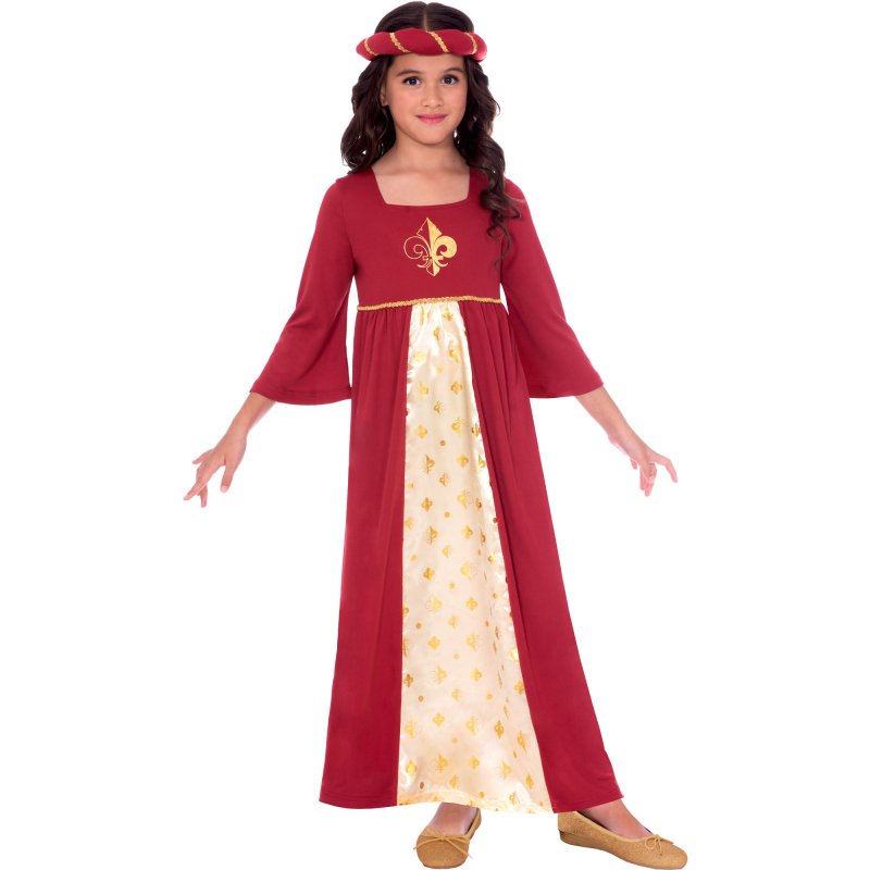 Vibrant red Tudor Princess costume with gown and headpiece for kids aged 4-6, perfect for parties and imaginative play.