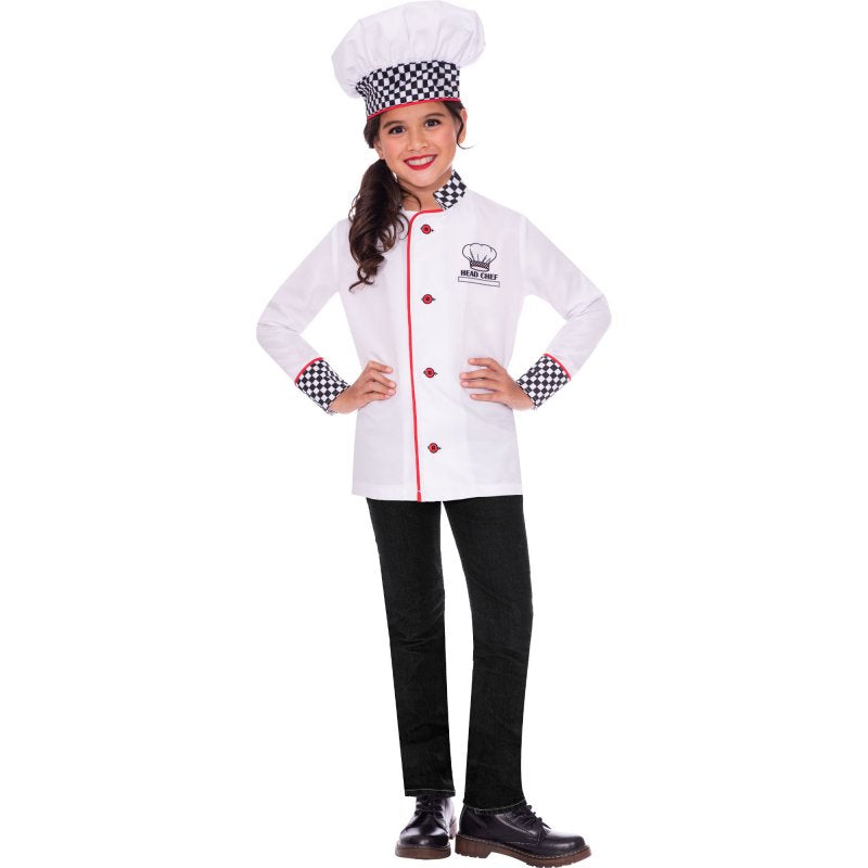 Chef costume for kids aged 6-8, featuring a stylish jacket and hat, perfect for imaginative culinary play.