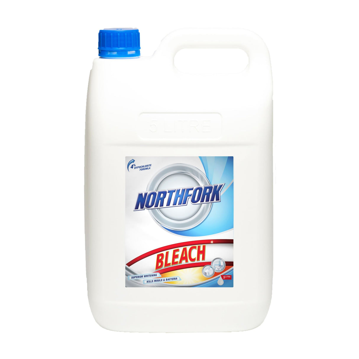 Northfork Bleach 5L Pack of 3, powerful cleaning solution for laundry and surfaces, with 4% hypochlorite for whitening and sanitizing.