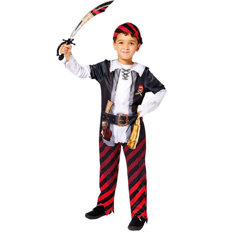Sustainable Pirate Boy Costume for kids ages 8-10, features vibrant printed jumpsuit and swashbuckling headpiece.