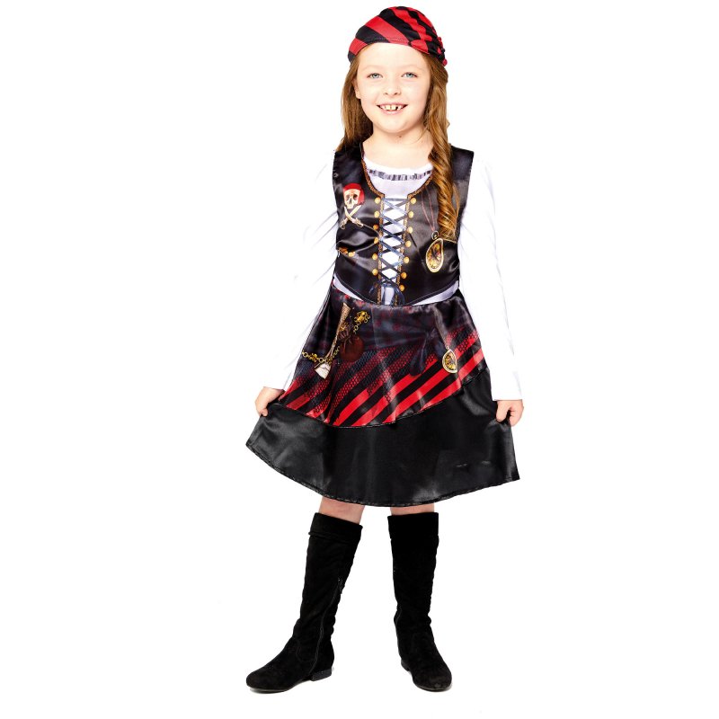 Eco-friendly pirate girl costume for kids, featuring a vibrant printed dress and matching headpiece, sizes 8-10 years.