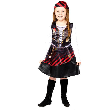 Eco-friendly pirate girl costume for kids, featuring a vibrant printed dress and matching headpiece, sizes 8-10 years.