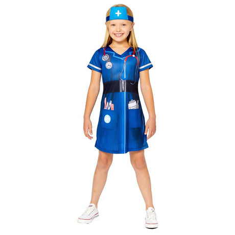 Eco-friendly nurse costume for kids aged 8-10, featuring a printed dress and matching headpiece for imaginative play.