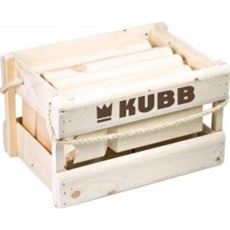 Tactic Kubb Original outdoor game set, featuring wooden kubbs, a King, and throwing sticks for engaging family fun.