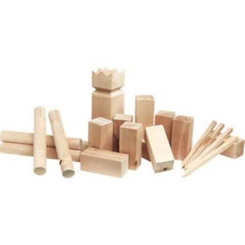Tactic Kubb Original outdoor game set with wooden skittles, throwing sticks, King, and corner markers for family fun.