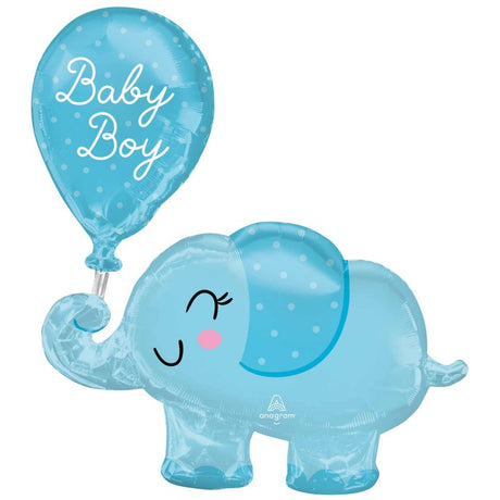 Adorable 78cm foil balloon featuring a baby boy elephant, perfect for baby showers and celebrations. Self-sealing and vibrant.