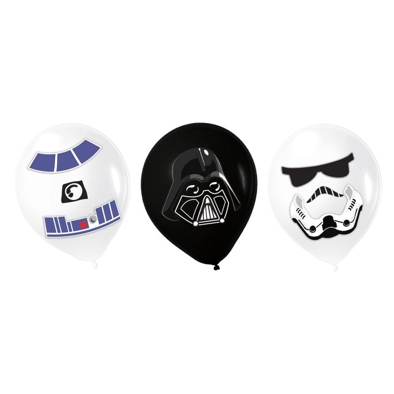 Pack of 6 vibrant 12-inch Star Wars Galaxy latex balloons with space-themed add-ons for festive party decor.