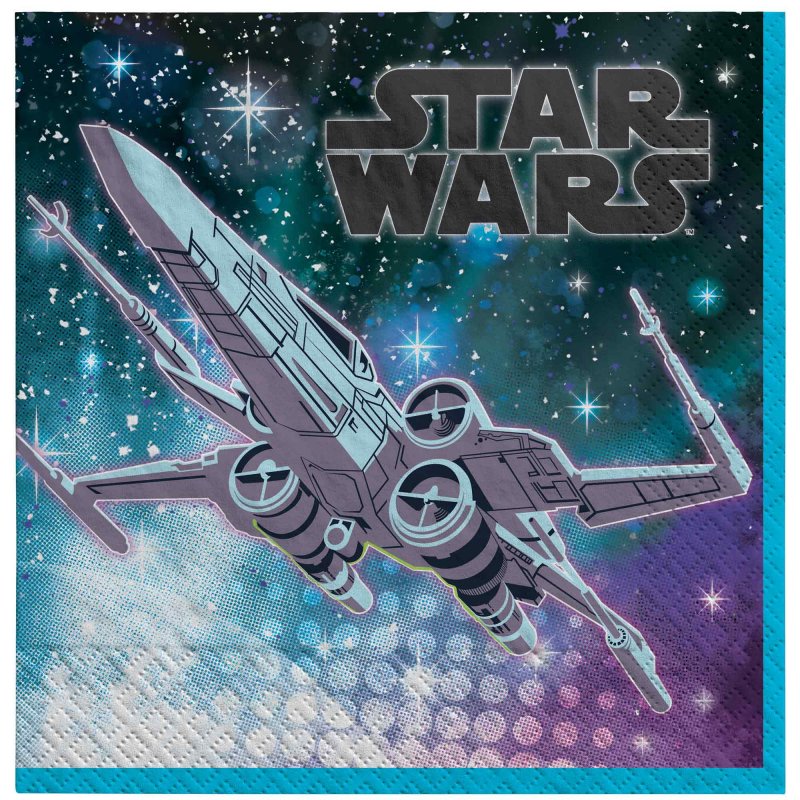 Pack of 16 Star Wars Galaxy lunch napkins featuring colorful designs of iconic characters for fun meals and parties.