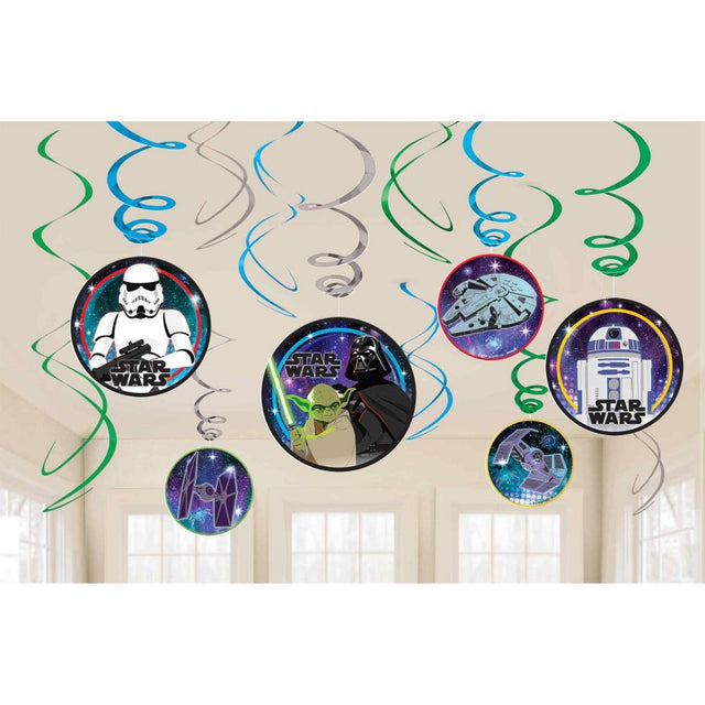 Colorful Star Wars galaxy swirl decorations in a pack of 12, perfect for themed parties and events.