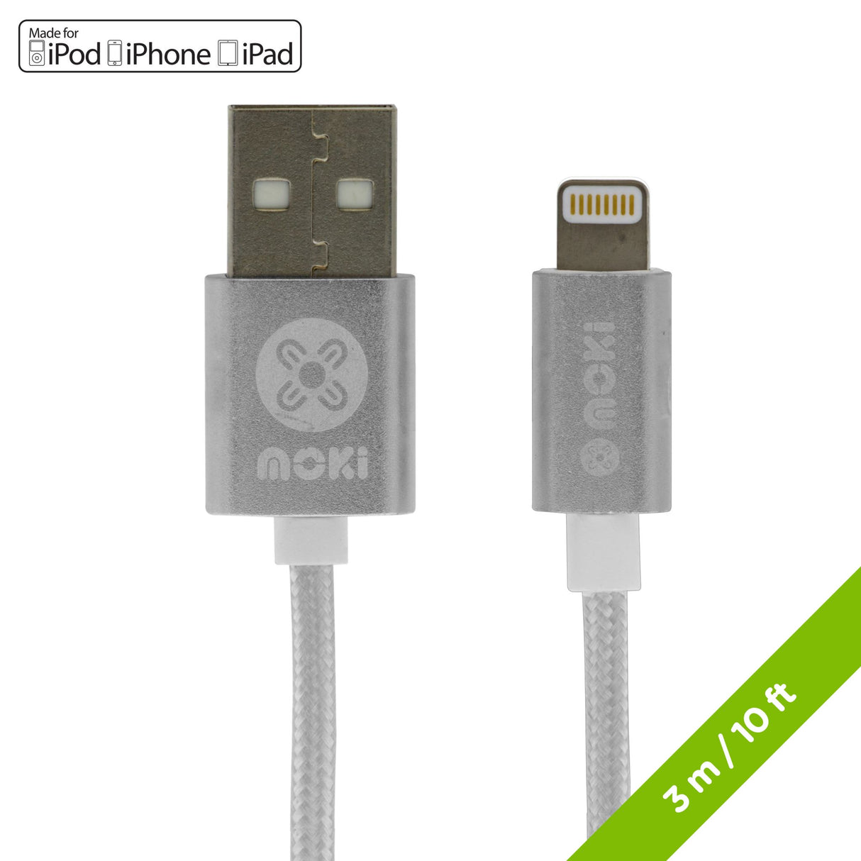 Moki Braided Lightning SynCharge Cable - Silver 3m (Each)