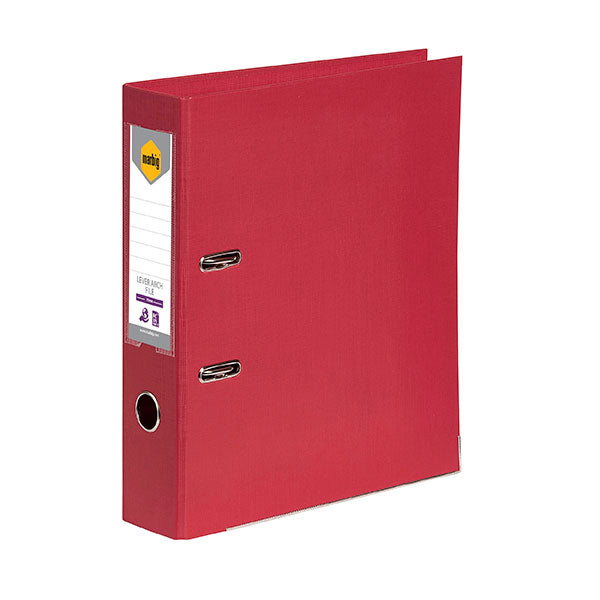 Bright red Marbig lever arch file with 75mm capacity, secure locking mechanism, and elegant linen finish for efficient organization.