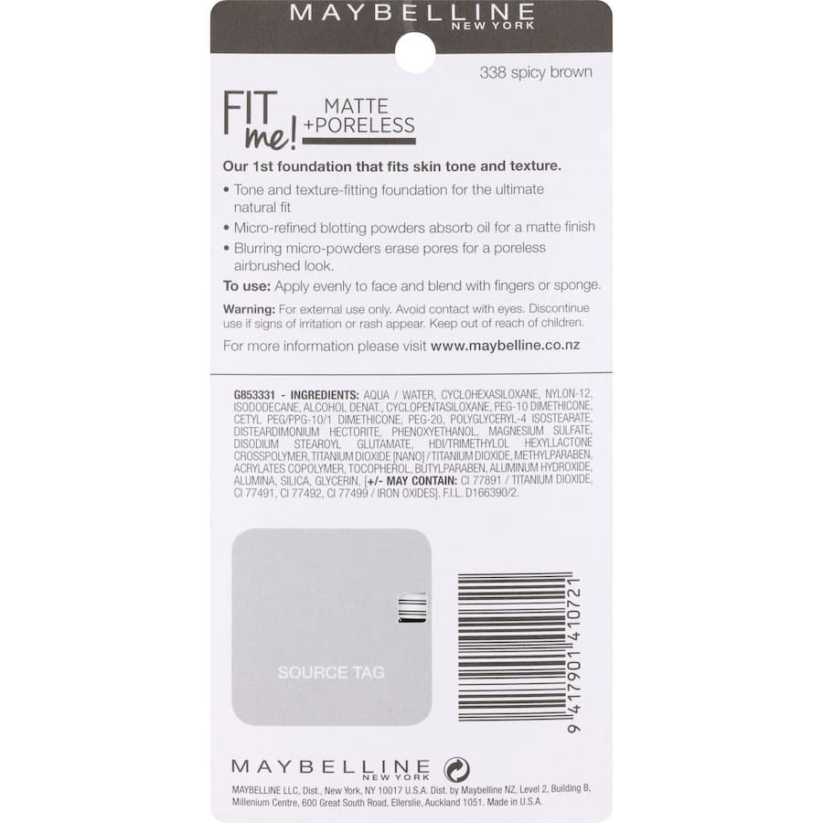 Maybelline Fit Me Foundation Matte Poreless Spicy Brown 338 30mL