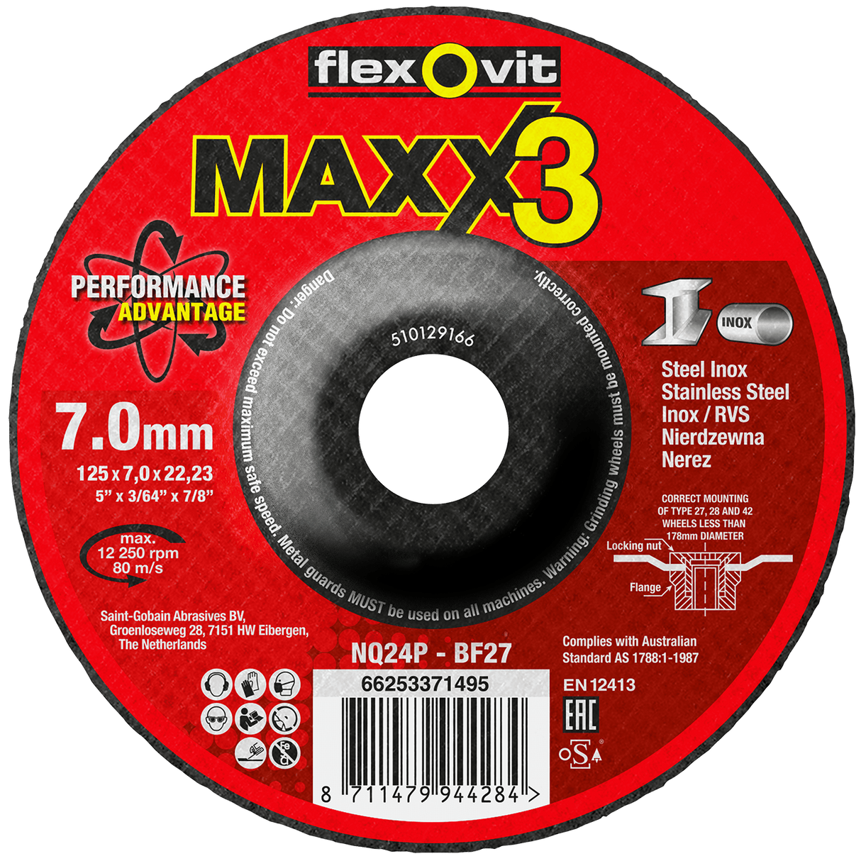 Flexovit Maxx3 Type 27 Grinding Wheel 24 Grit 125x7x22.23mm (Each)