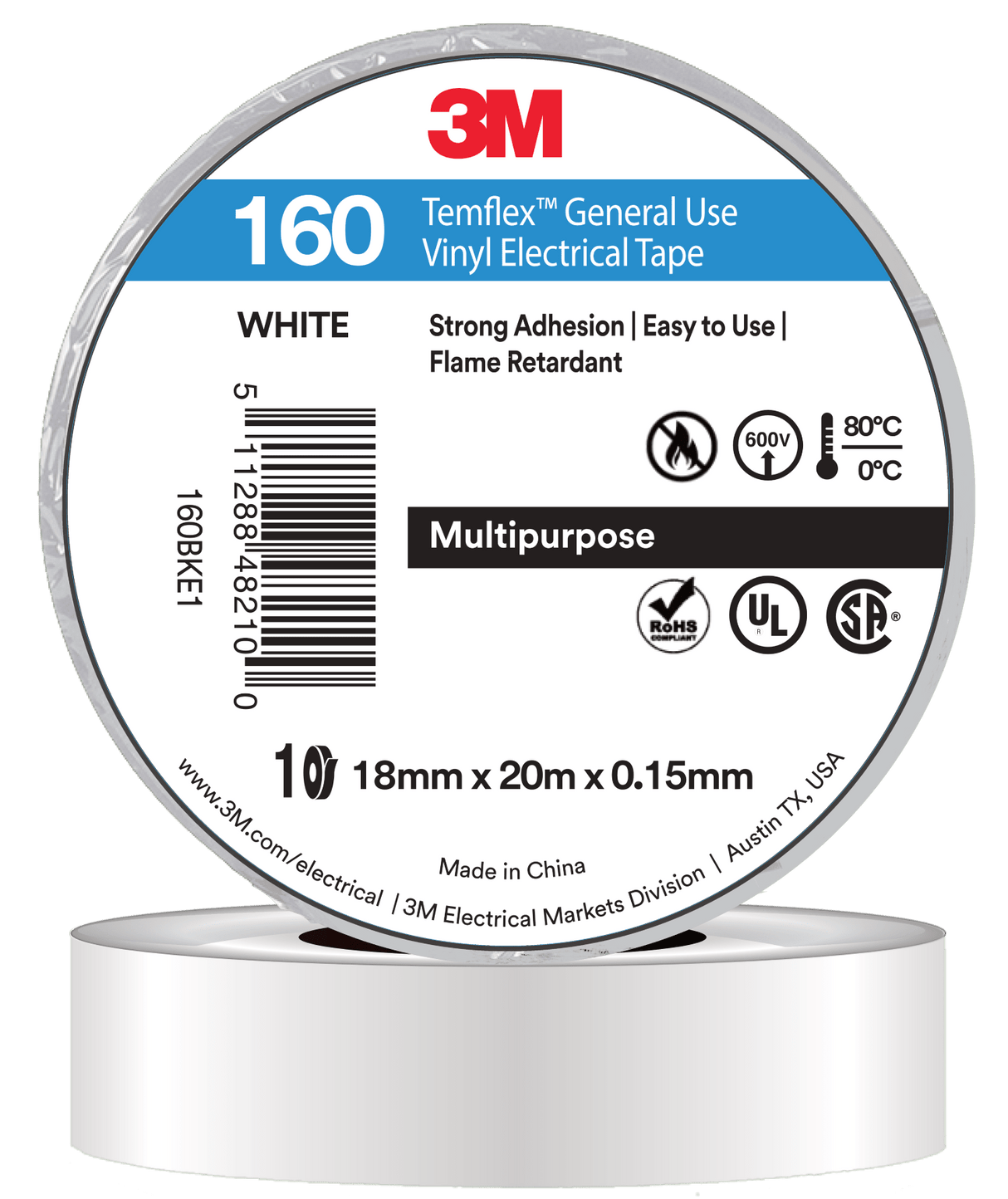 3M Temflex Vinyl Electrical Tape 160 White 18mm x 20m