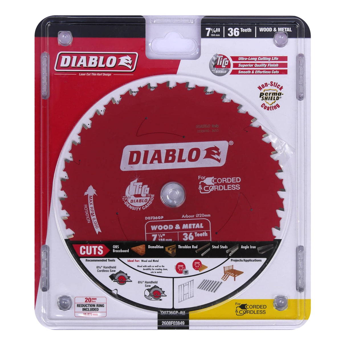 Diablo 184mm 36T Wood and Metal Carbide Saw Blade 184mm