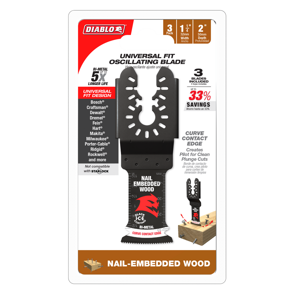 Diablo Bi-Metal Multi-Tool Blades for Nail Wood 50 x 32mm Pack of 3