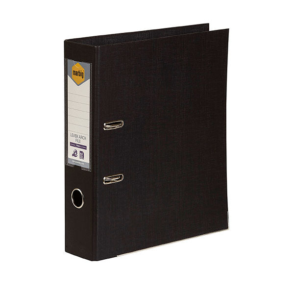 Marbig PE Lever Arch A4 file in black, 75mm capacity, holds 375 sheets, eco-friendly design with locking mechanism.