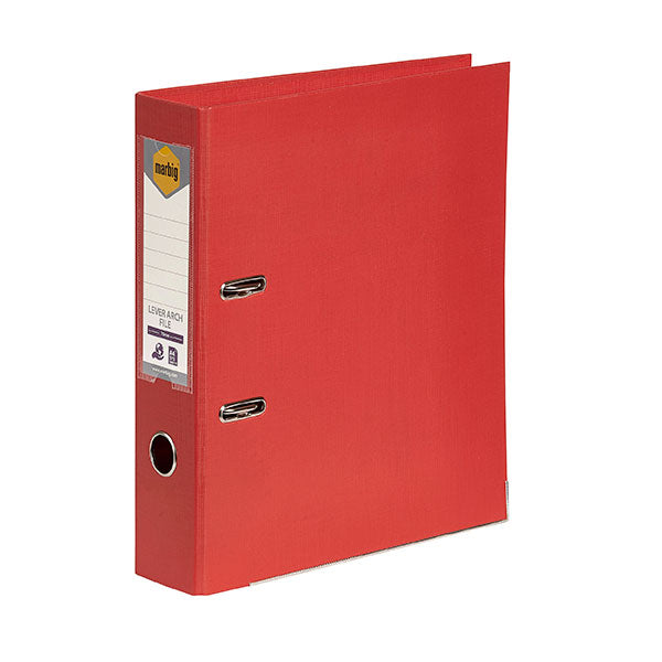 Bright red Marbig PE lever arch file with 75mm capacity, holds 375 sheets, eco-friendly and stylish linen finish.