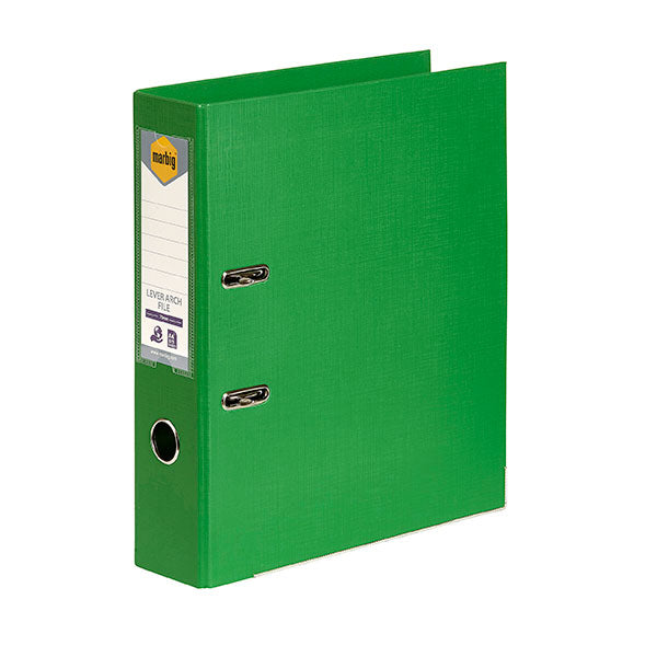 Marbig Pe Lever Arch A4 Green file, eco-friendly with 75mm capacity, holds 375 sheets, features a linen finish and locking mechanism.