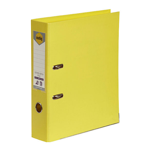 Eco-friendly Marbig PE Lever Arch file in vibrant lemon, 75mm capacity, securely holds up to 375 sheets with a stylish linen finish.