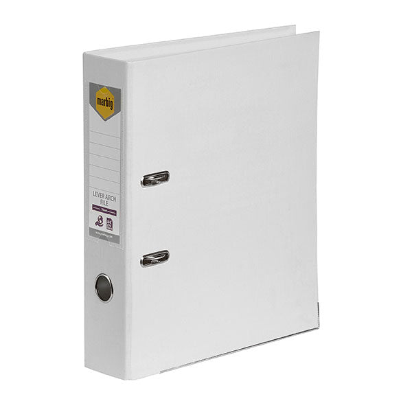 White Marbig PE Linen Lever Arch File, stylish and eco-friendly, holds up to 375 A4 sheets with locking mechanism.