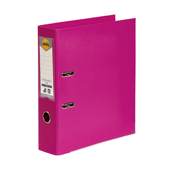 Vibrant Marbig Pe Lever Arch A4 Pink file with 75mm capacity, holds 375 sheets, secure locking, and linen finish.