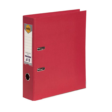 Deep red Marbig lever arch file holds 375 A4 sheets, features locking mechanism and linen texture for stylish organization.