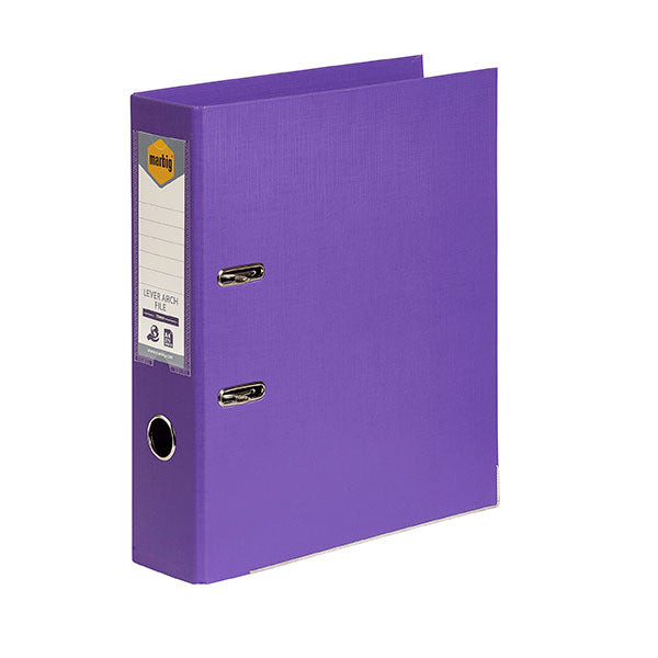 Purple Marbig PE Lever Arch A4 file with 75mm capacity, holds 375 sheets, eco-friendly, linen finish, and easy closure.
