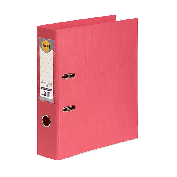Bright coral Marbig Pe Lever Arch file with 75mm capacity, holds 375 sheets, eco-friendly, and stylish linen finish.