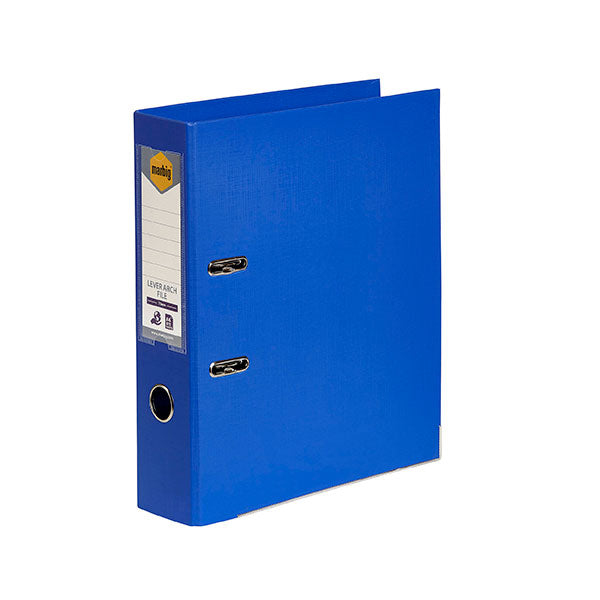 Marbig Pe Lever Arch A4 Marine file in vibrant marine color, secure 75mm capacity for up to 375 sheets, stylish linen finish.