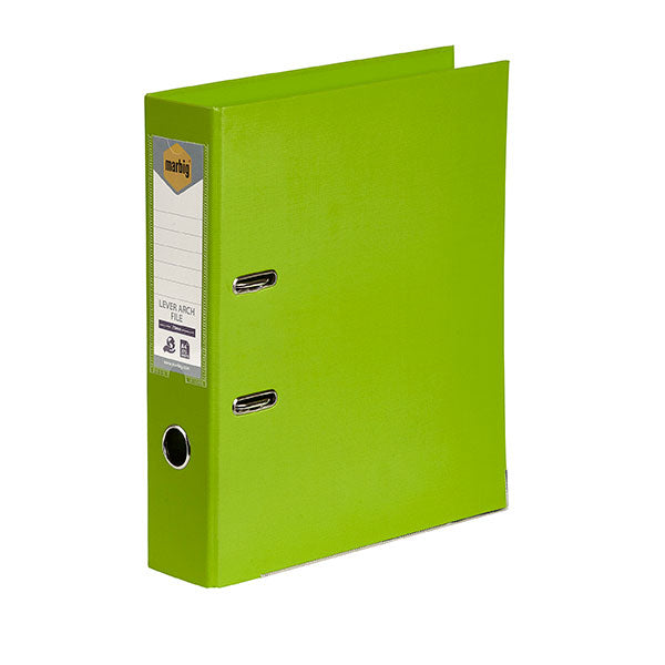 Eco-friendly lime lever arch file holding 375 sheets, featuring durable linen finish and locking mechanism for secure storage.