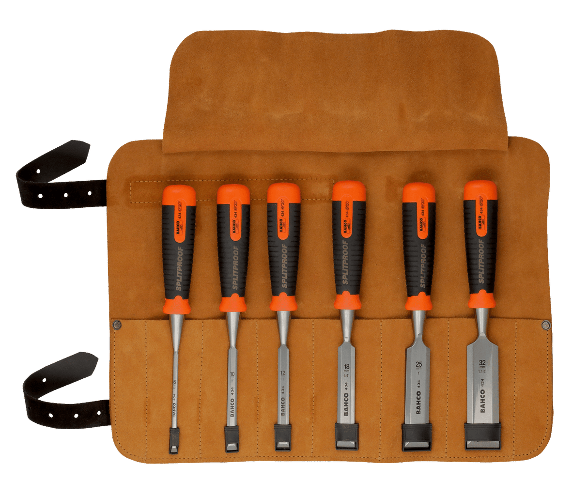 BAHCO ERGO Splitproof Woodworking Chisel Set Leather Roll Pouch 6 Piece