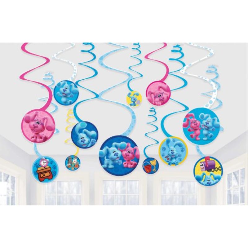 Colorful Blue's Clues spiral swirls hanging decorations, perfect for birthdays and playful party themes.