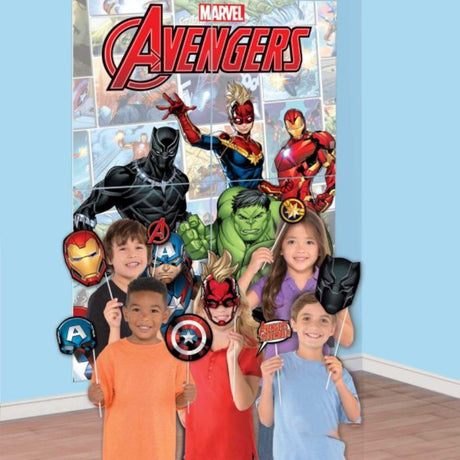 Colorful Marvel Avengers scene setter with 4 backdrops and 12 cardboard photo props for themed parties.
