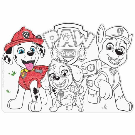 Set of 8 Paw Patrol coloring placemats for creative mealtimes, featuring favorite characters. Perfect for kids' parties and fine motor skills.