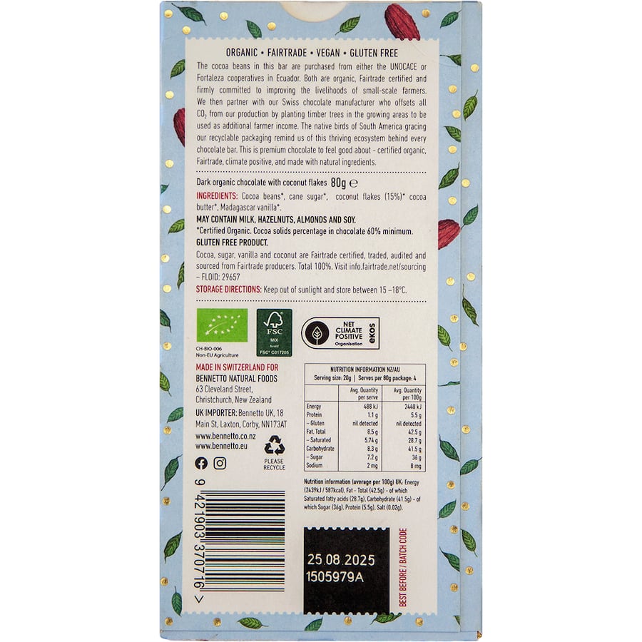 Bennetto Chocolate Coconut Flakes Dark Choc Block 80g