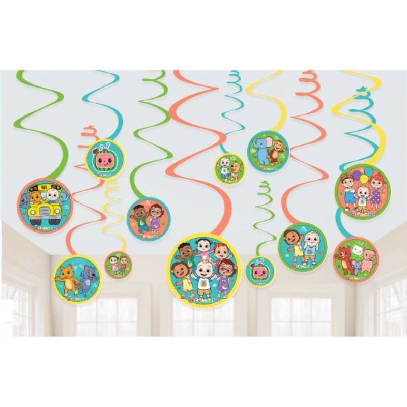 Set of 12 Cocomelon spiral decorations with colorful cutouts for kids' parties and celebrations.
