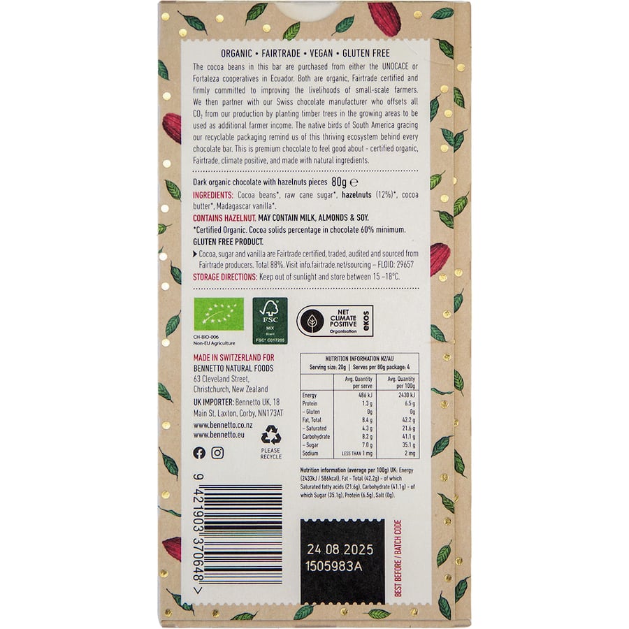 Bennetto Chocolate Toasted Hazelnut Block 80g