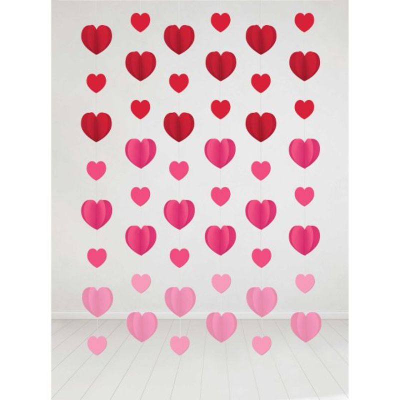 Colorful heart-shaped hanging decorations on strings, perfect for romantic and festive celebrations. Pack of 6.