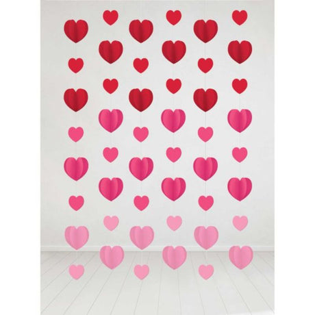 Colorful heart-shaped hanging decorations on strings, perfect for romantic and festive celebrations. Pack of 6.