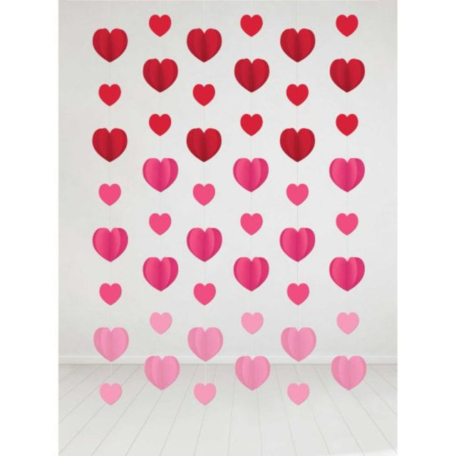 Colorful heart-shaped hanging decorations on strings, perfect for romantic and festive celebrations. Pack of 6.