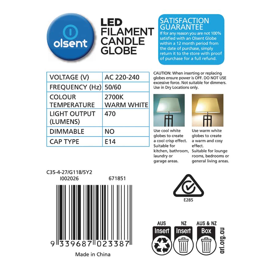 Olsent Screw Candle Bulb Led 4w 470 Lumen Warm White 2pack