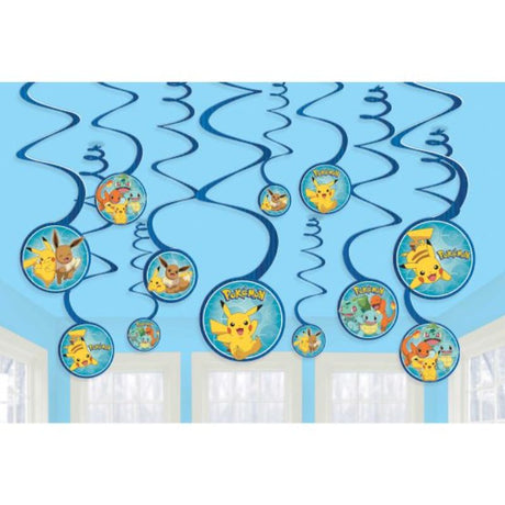 Set of 12 vibrant Pokemon spiral decorations, perfect for adding fun to birthday parties and themed events.