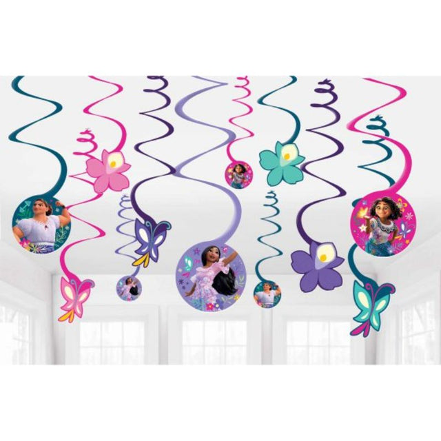 Set of 12 colorful Encanto spiral swirls, perfect for magical party decor and celebrations.