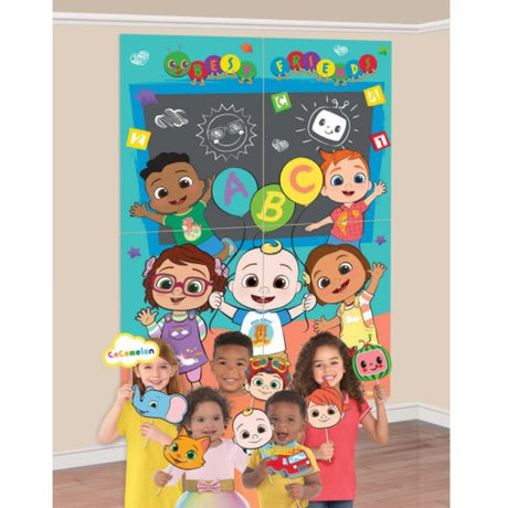 Cocomelon Scene Setter pack with 4 vibrant backdrops and 12 fun photo props for exciting birthday celebrations.