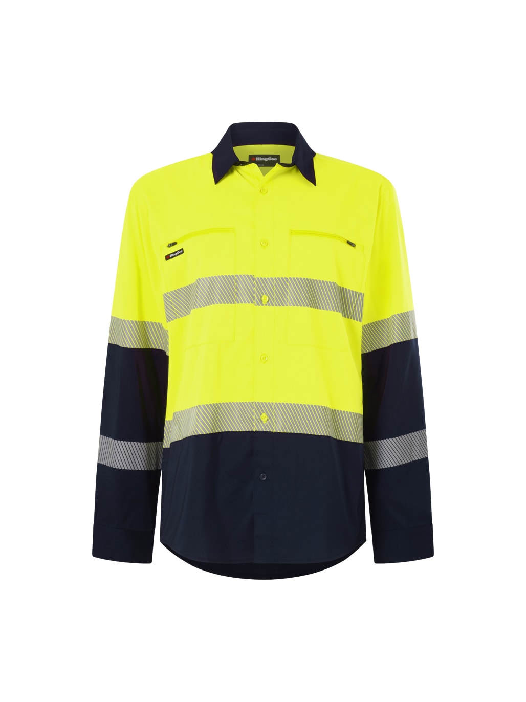 KingGee K54037 Men's Drycool Hi Vis Taped Shirt - Orange/Navy (Size: XS)